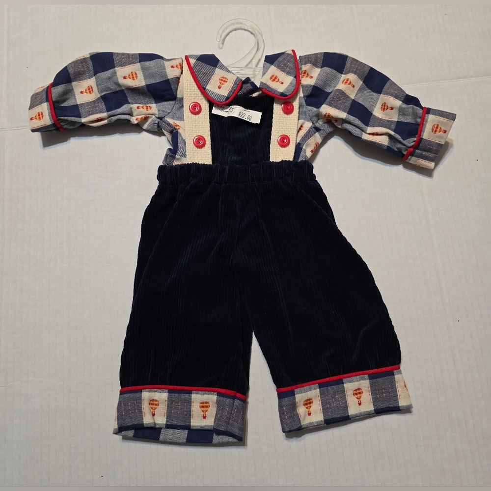 Navy Blue Corduroy Bib Overalls Long Sleeve Collared Shirt Doll Clothing Outfit